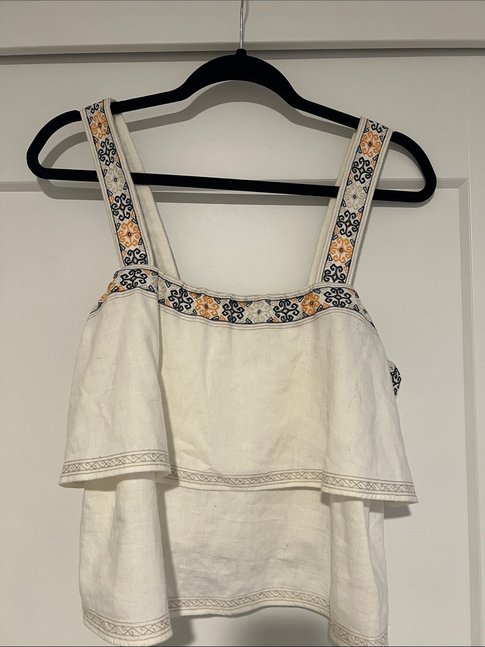 Madewell Cream Tiered Tank with Navy and Yellow Embroidery